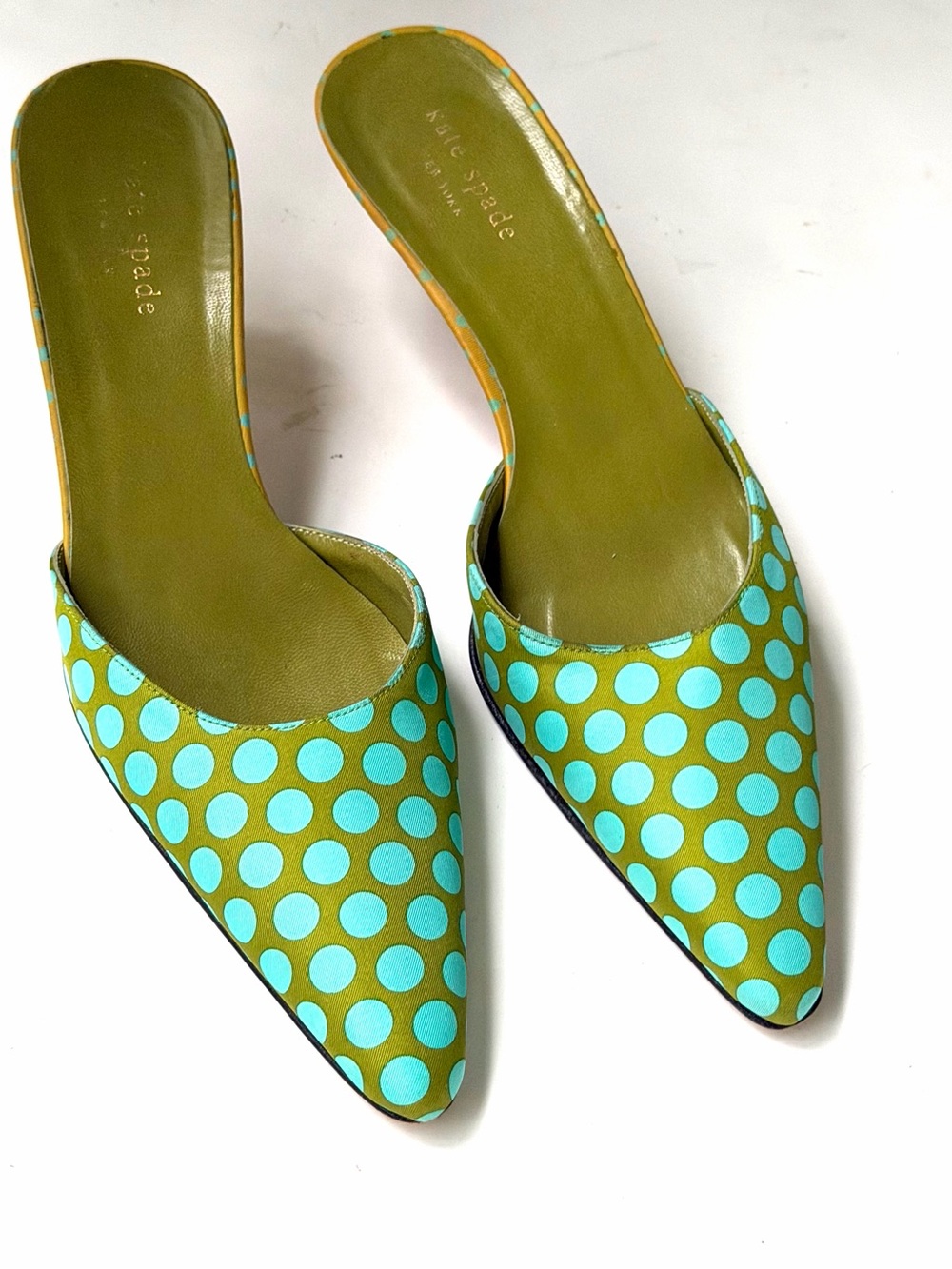 Vintage Kate Spade New York green & aqua polka dot pointed-toe mules – size 8